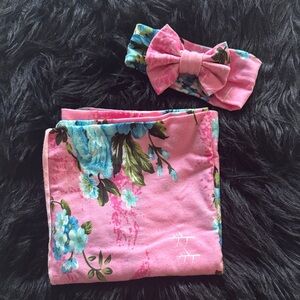 Floral Pink and Blue Kids Headband and Blanket Set